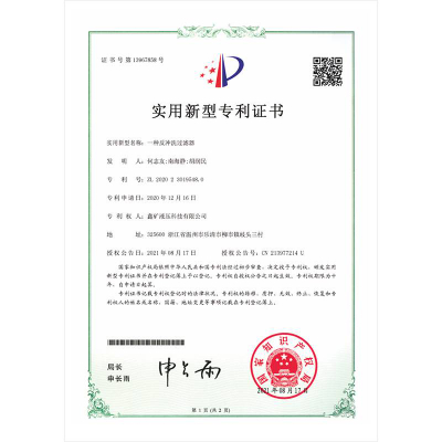 一種反沖洗過濾器實(shí)用新型專利證書